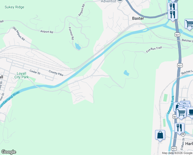 map of restaurants, bars, coffee shops, grocery stores, and more near 94 Wolf Hollow Road in Baxter