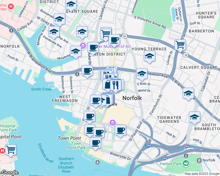 map of restaurants, bars, coffee shops, grocery stores, and more near 435 Monticello Avenue in Norfolk