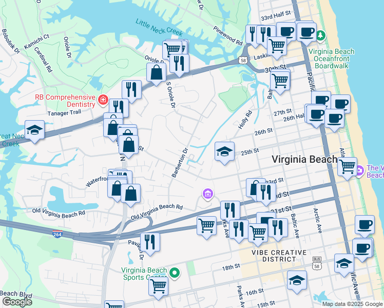 map of restaurants, bars, coffee shops, grocery stores, and more near 608 Seawatch Cove in Virginia Beach