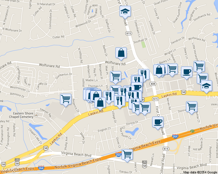 map of restaurants, bars, coffee shops, grocery stores, and more near 740 Victor Road in Virginia Beach