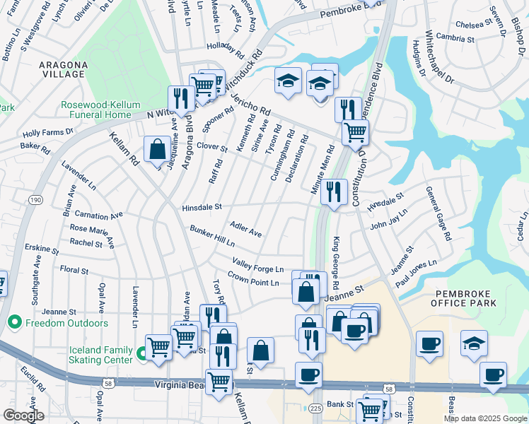 map of restaurants, bars, coffee shops, grocery stores, and more near 532 Cunningham Rd in Virginia Beach