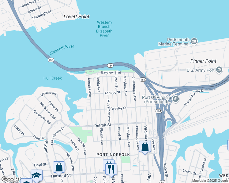 map of restaurants, bars, coffee shops, grocery stores, and more near 166 Broad Street in Portsmouth