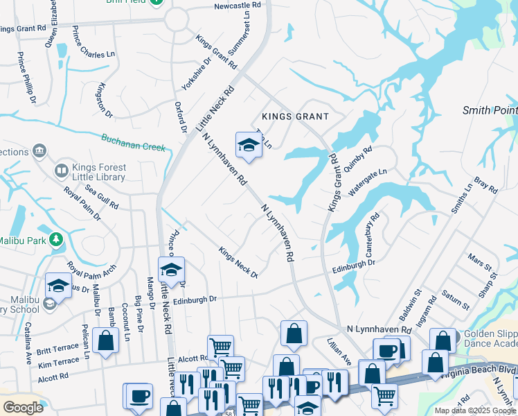 map of restaurants, bars, coffee shops, grocery stores, and more near 569 North Lynnhaven Road in Virginia Beach