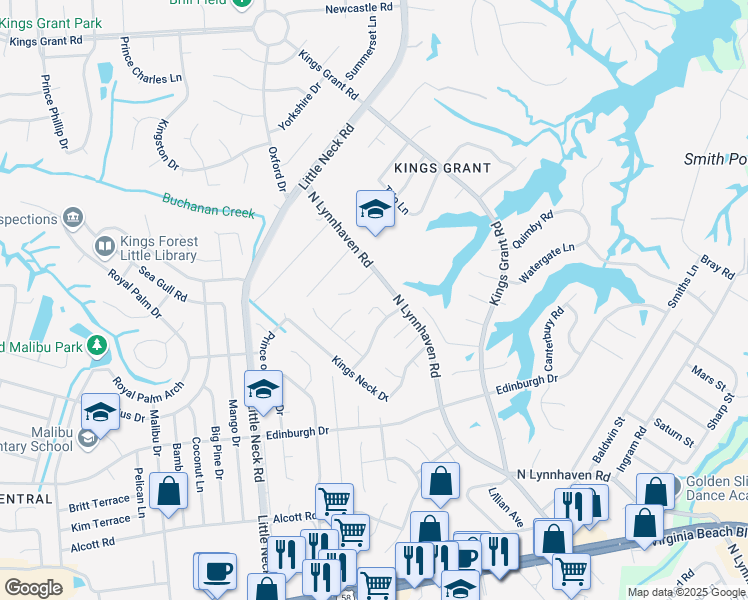 map of restaurants, bars, coffee shops, grocery stores, and more near 569 North Lynnhaven Road in Virginia Beach