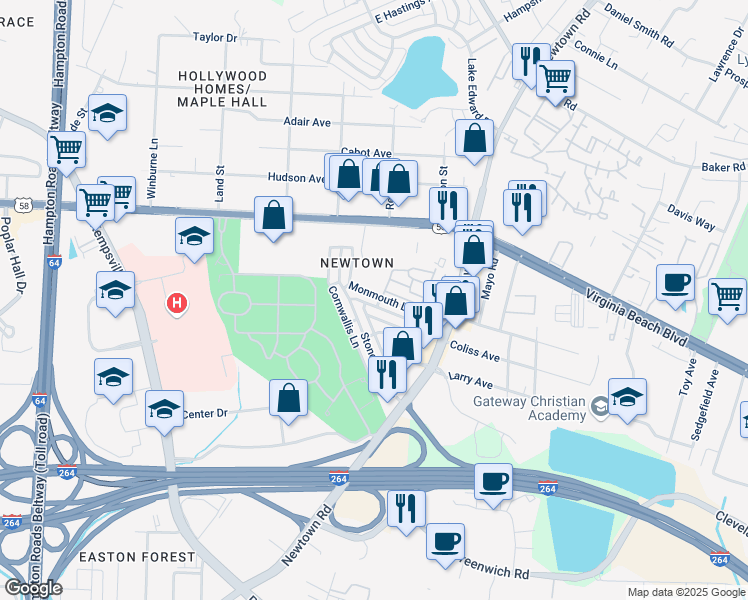 map of restaurants, bars, coffee shops, grocery stores, and more near 6582 Stoney Point North in Norfolk