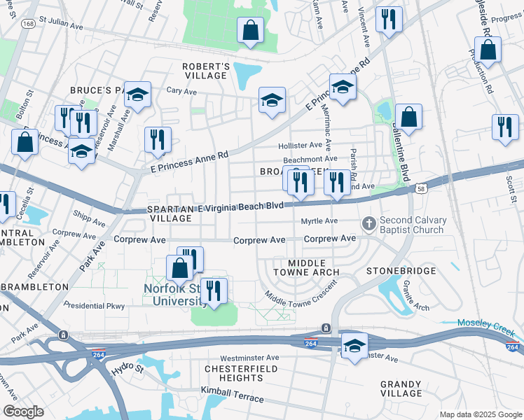 map of restaurants, bars, coffee shops, grocery stores, and more near 2707 East Virginia Beach Boulevard in Norfolk