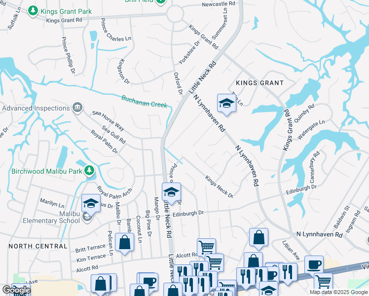 map of restaurants, bars, coffee shops, grocery stores, and more near 610 Johnson Street in Virginia Beach