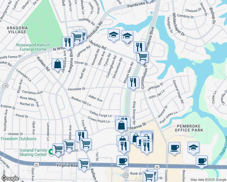 map of restaurants, bars, coffee shops, grocery stores, and more near 4612 Jovett Lane in Virginia Beach