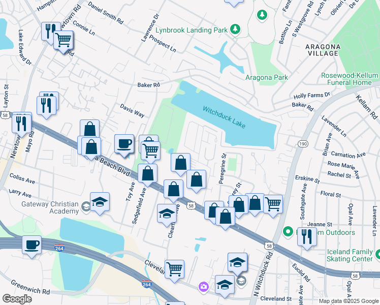 map of restaurants, bars, coffee shops, grocery stores, and more near 5329 Grand Lake Crescent in Virginia Beach