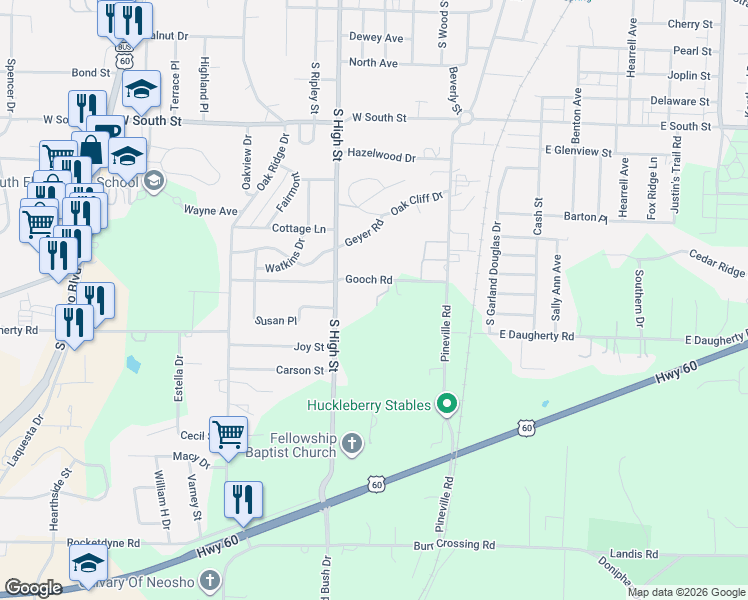 map of restaurants, bars, coffee shops, grocery stores, and more near Kathryen Lane in Neosho