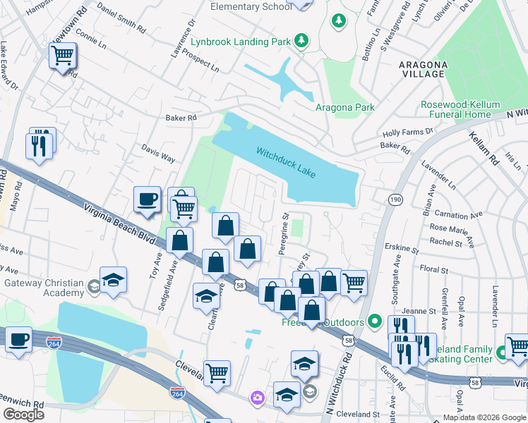 map of restaurants, bars, coffee shops, grocery stores, and more near 424 Adkins Arch in Virginia Beach