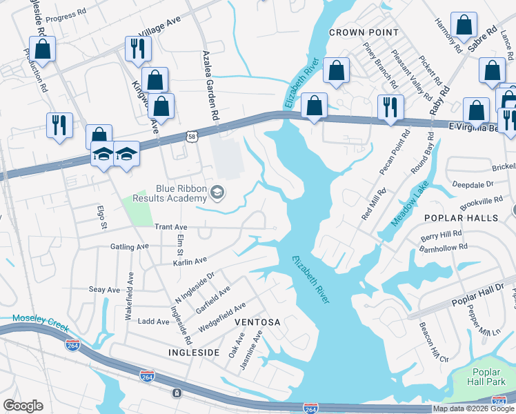 map of restaurants, bars, coffee shops, grocery stores, and more near 3834 Karlin Circle in Norfolk