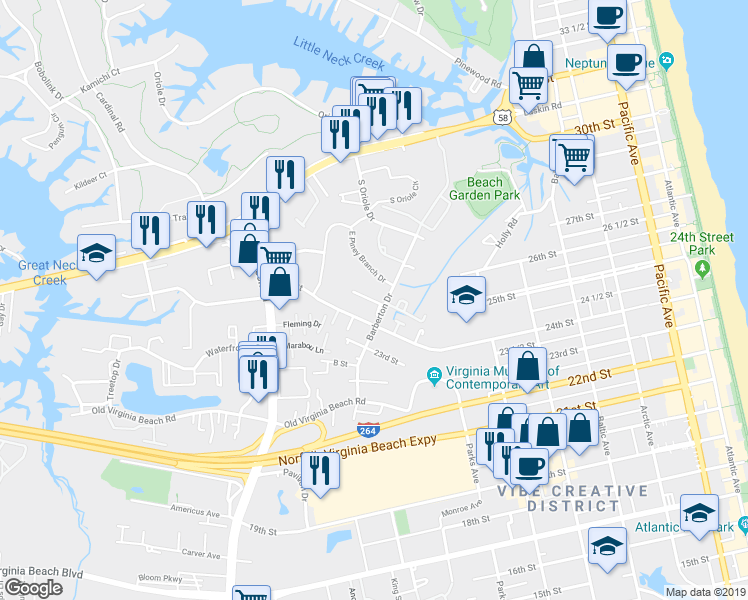 map of restaurants, bars, coffee shops, grocery stores, and more near 904 Barberton Court in Virginia Beach