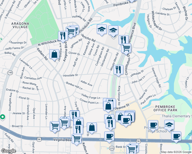 map of restaurants, bars, coffee shops, grocery stores, and more near 532 Cunningham Road in Virginia Beach