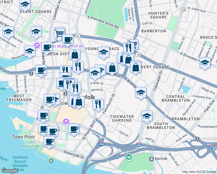 map of restaurants, bars, coffee shops, grocery stores, and more near 539 East Bute Street in Norfolk