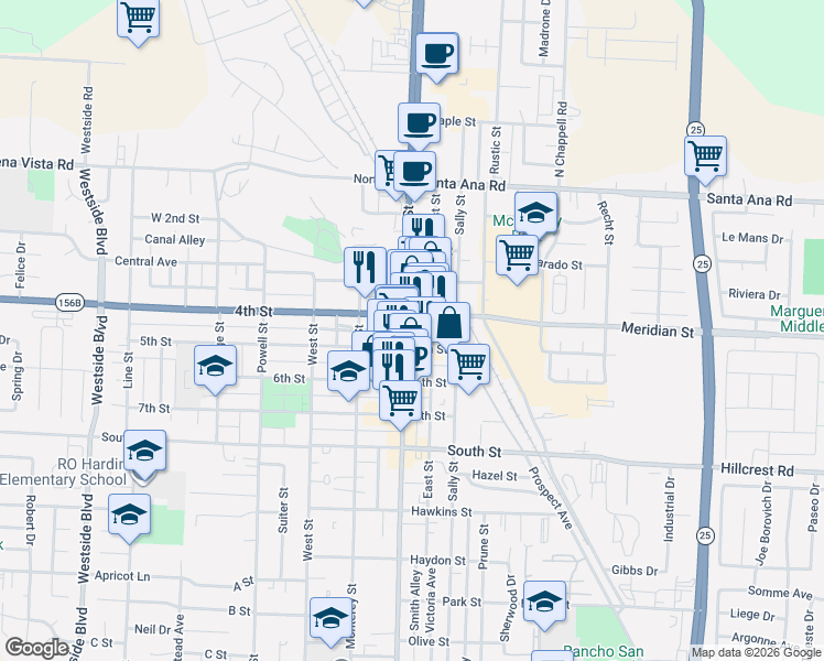 map of restaurants, bars, coffee shops, grocery stores, and more near in Hollister