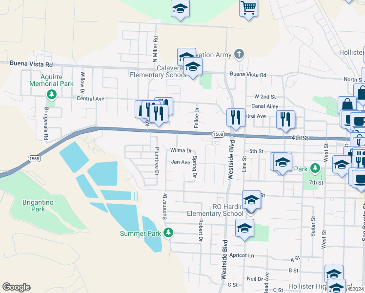 map of restaurants, bars, coffee shops, grocery stores, and more near 490 Rajkovich Way in Hollister