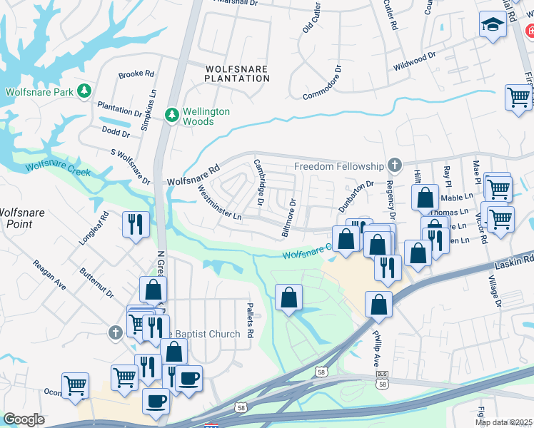 map of restaurants, bars, coffee shops, grocery stores, and more near 770 Westminster Lane in Virginia Beach