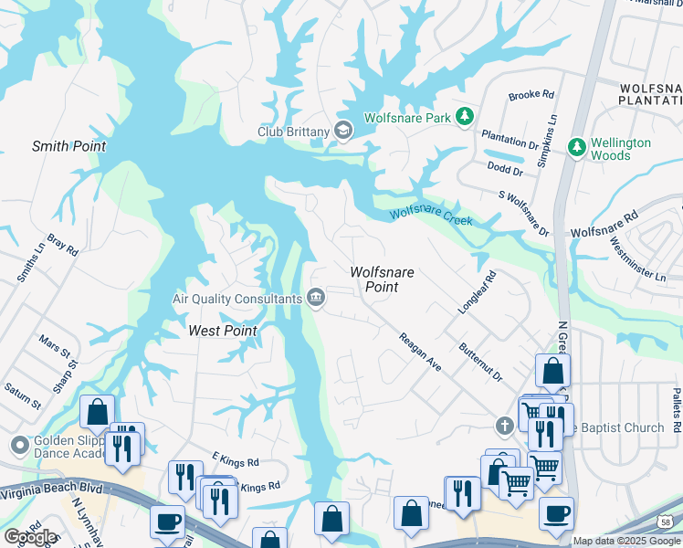 map of restaurants, bars, coffee shops, grocery stores, and more near 306 Cedarwood Court in Virginia Beach