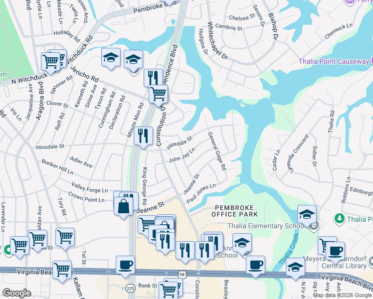 map of restaurants, bars, coffee shops, grocery stores, and more near 504 Schuyler Road in Virginia Beach