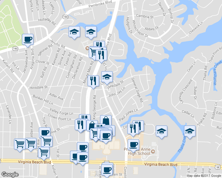 map of restaurants, bars, coffee shops, grocery stores, and more near 509 Jonathan Court in Virginia Beach