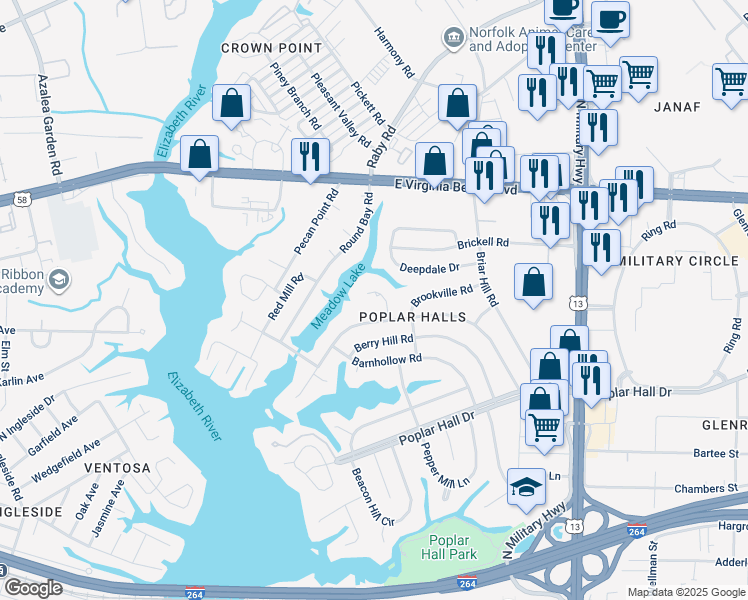 map of restaurants, bars, coffee shops, grocery stores, and more near 727 Bayberry Lane in Norfolk