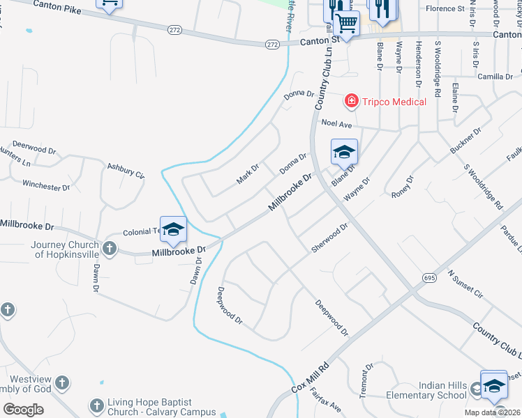 map of restaurants, bars, coffee shops, grocery stores, and more near 106-198 Millbrooke Dr in Hopkinsville