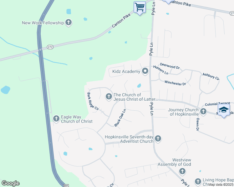map of restaurants, bars, coffee shops, grocery stores, and more near 1775-2099 Bark Ridge Circle in Hopkinsville