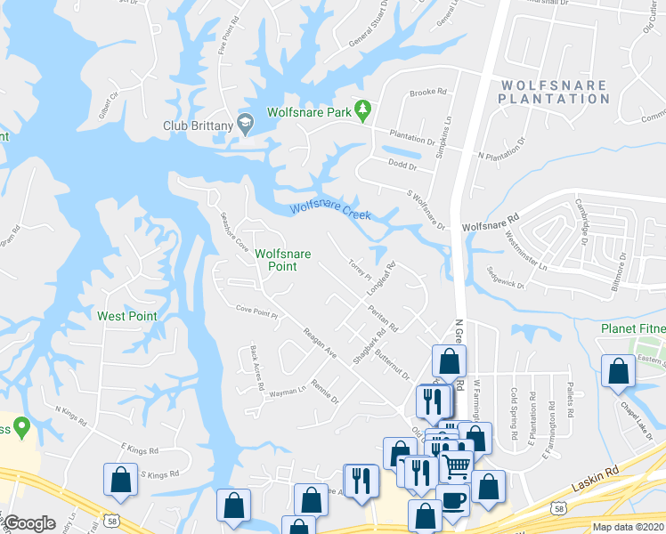 map of restaurants, bars, coffee shops, grocery stores, and more near 2528 Peritan Road in Virginia Beach