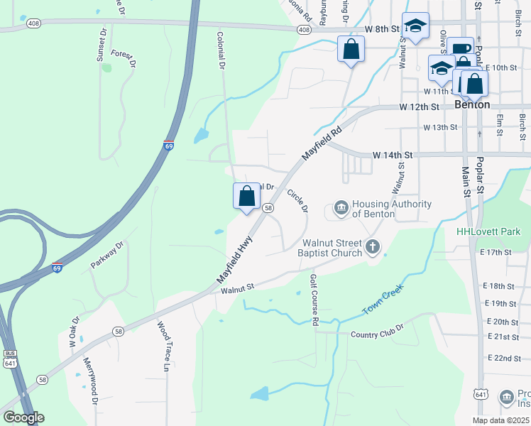 map of restaurants, bars, coffee shops, grocery stores, and more near 1 Highland Drive in Benton