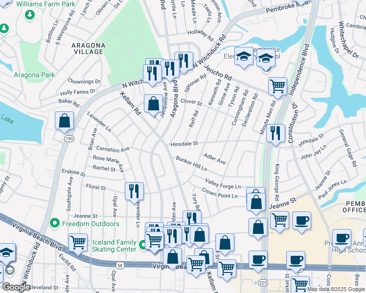 map of restaurants, bars, coffee shops, grocery stores, and more near 4817 Hinsdale Street in Virginia Beach