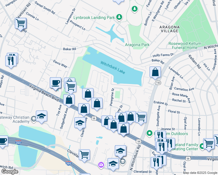 map of restaurants, bars, coffee shops, grocery stores, and more near 480 Adkins Arch in Virginia Beach