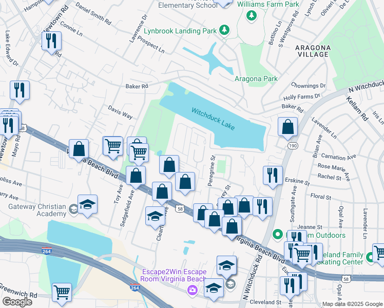 map of restaurants, bars, coffee shops, grocery stores, and more near 424 Adkins Arch in Virginia Beach