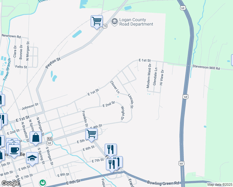 map of restaurants, bars, coffee shops, grocery stores, and more near 113 Tyler Street in Russellville