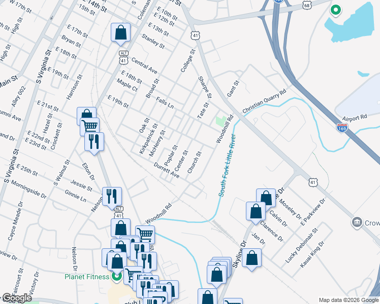 map of restaurants, bars, coffee shops, grocery stores, and more near 1400-2098 Center Street in Hopkinsville