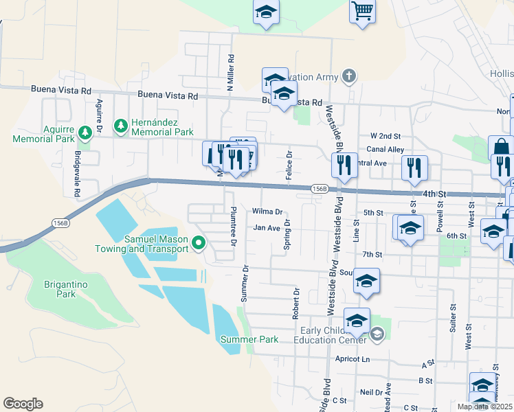 map of restaurants, bars, coffee shops, grocery stores, and more near 490 Rajkovich Way in Hollister