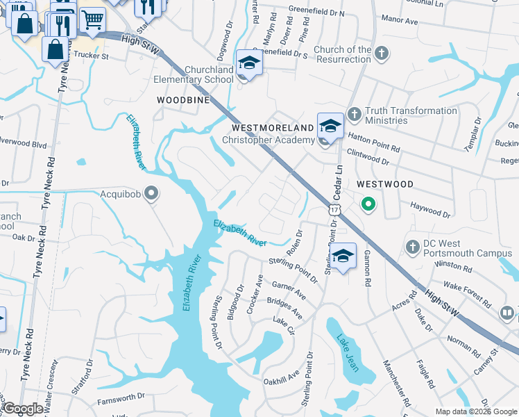 map of restaurants, bars, coffee shops, grocery stores, and more near 3001 Ferguson Drive in Portsmouth