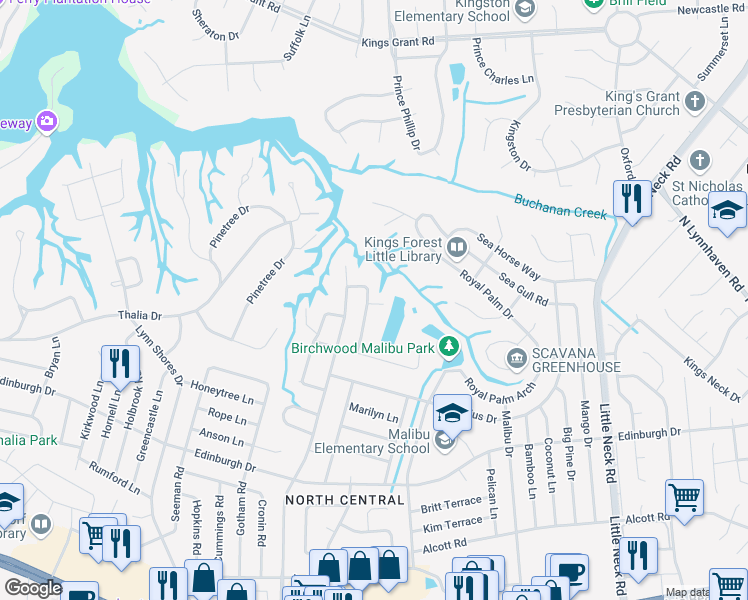 map of restaurants, bars, coffee shops, grocery stores, and more near 632 Robens Road in Virginia Beach