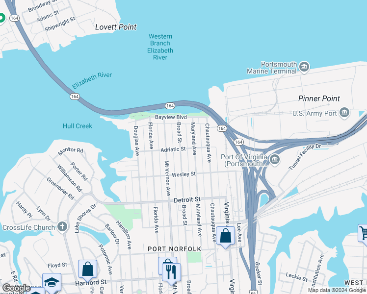 map of restaurants, bars, coffee shops, grocery stores, and more near 161 Broad Street in Portsmouth