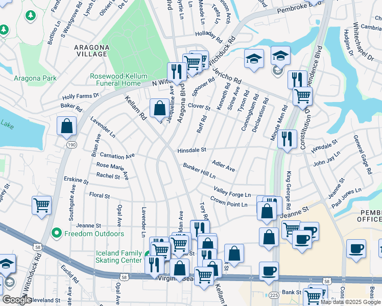 map of restaurants, bars, coffee shops, grocery stores, and more near 4817 Hinsdale Street in Virginia Beach