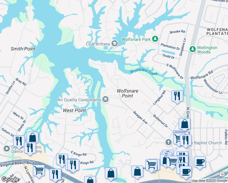 map of restaurants, bars, coffee shops, grocery stores, and more near 306 Cedarwood Court in Virginia Beach