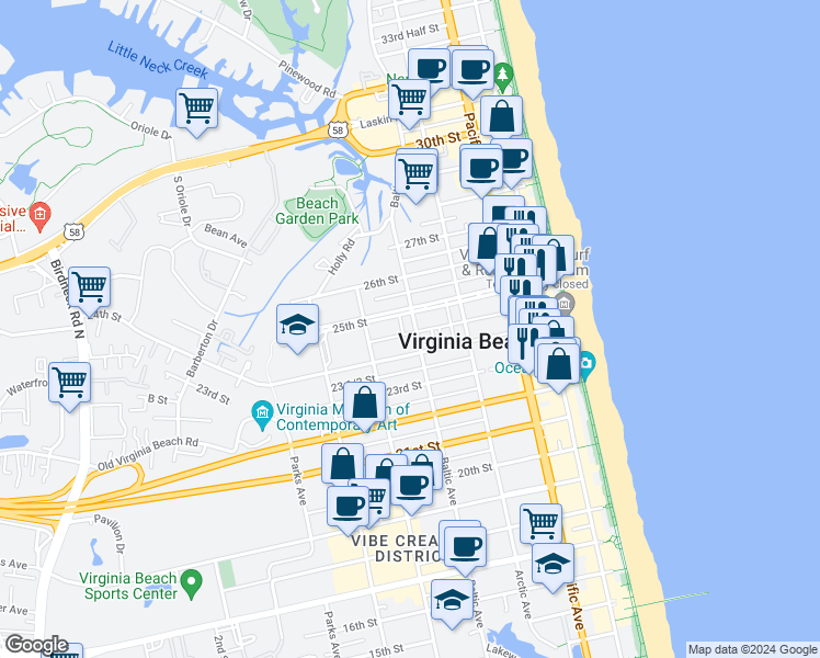 map of restaurants, bars, coffee shops, grocery stores, and more near 2414 Baltic Avenue in Virginia Beach