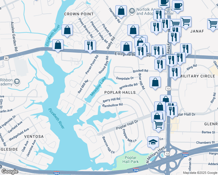 map of restaurants, bars, coffee shops, grocery stores, and more near 727 Bayberry Lane in Norfolk