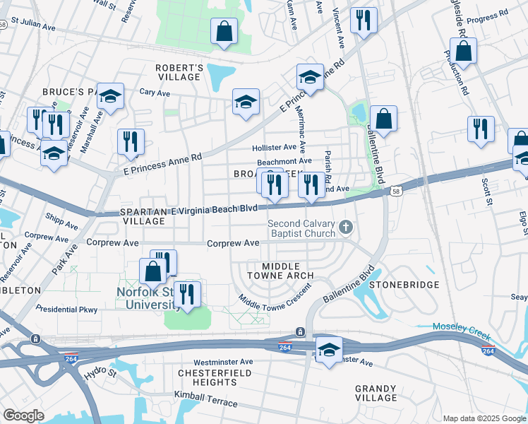 map of restaurants, bars, coffee shops, grocery stores, and more near 2737 East Virginia Beach Boulevard in Norfolk