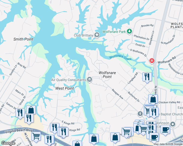 map of restaurants, bars, coffee shops, grocery stores, and more near 306 Cedarwood Court in Virginia Beach