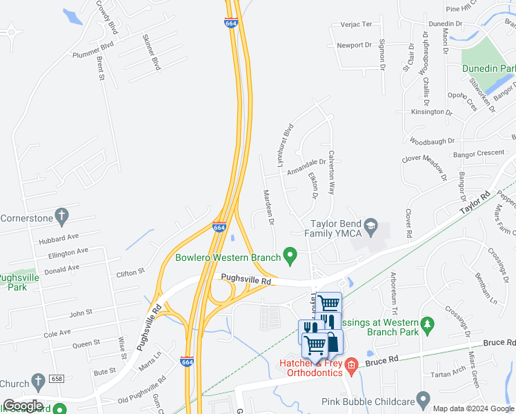 map of restaurants, bars, coffee shops, grocery stores, and more near 3504 Chipada Court in Chesapeake