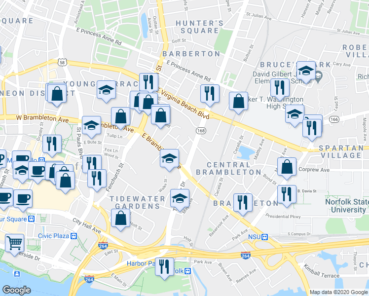 map of restaurants, bars, coffee shops, grocery stores, and more near 726 Roswell Avenue in Norfolk