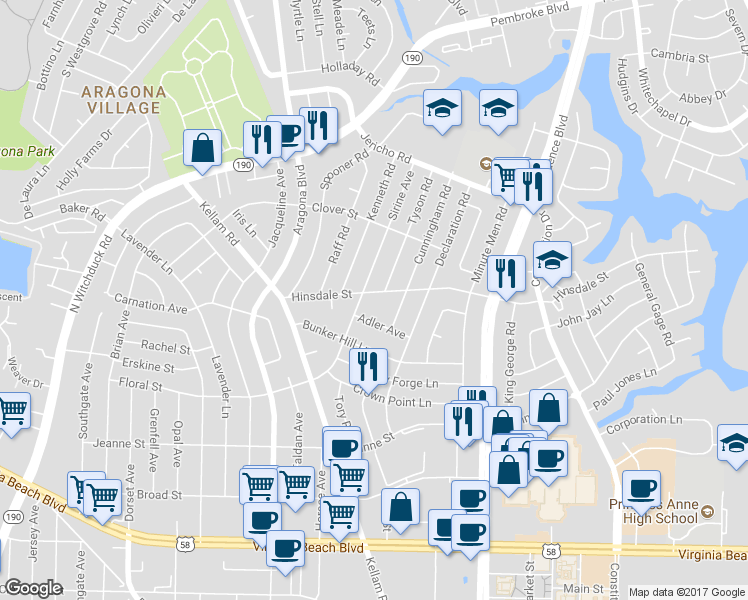 map of restaurants, bars, coffee shops, grocery stores, and more near 4725 Hinsdale Street in Virginia Beach