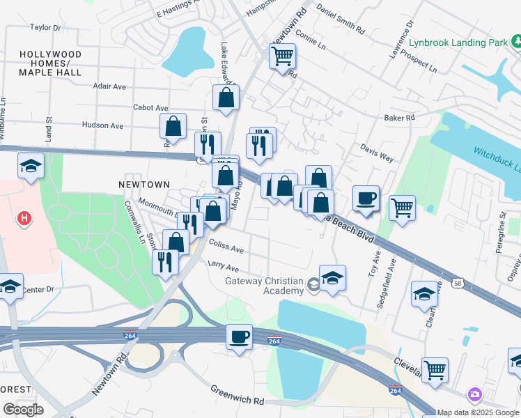 map of restaurants, bars, coffee shops, grocery stores, and more near 5585 Virginia Beach Boulevard in Virginia Beach