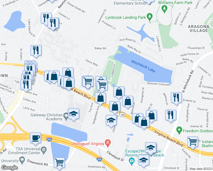 map of restaurants, bars, coffee shops, grocery stores, and more near 5400 Virginia Beach Boulevard in Virginia Beach